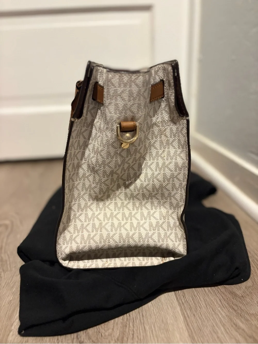 Michael Kors Beige & Brown Logo Satchel with Gold Hardware